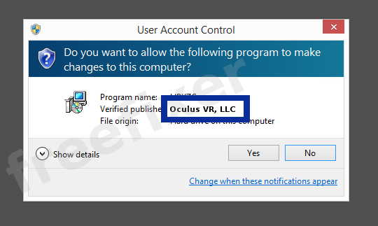 Screenshot where Oculus VR, LLC appears as the verified publisher in the UAC dialog